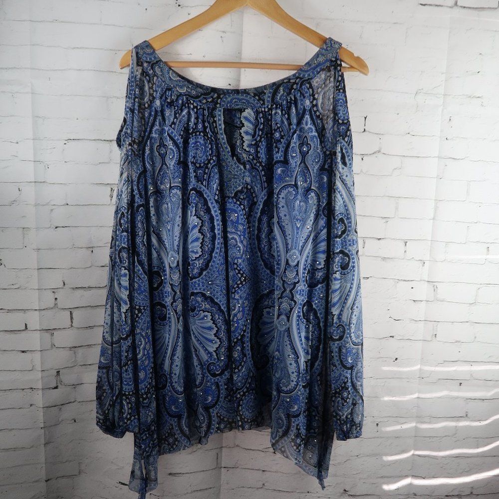 INC INTERNATIONAL CONCEPTS BLUE PAISLEY WITH RHINESTONE DETAIL LONG SLEEVE TUNIC